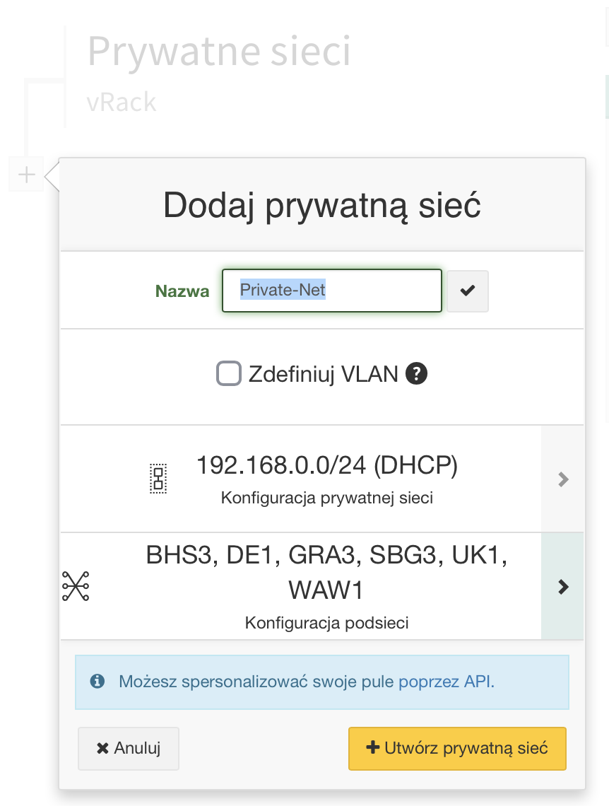 Dodawanie sieci prywatnej vRack